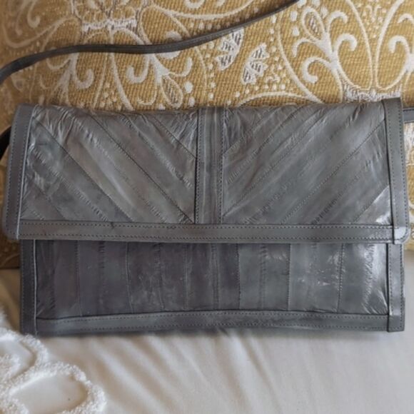 Super Sleek Gray Vintage 🩶Eel Skin Clutch /Shoulder Crossbody Purse - Picture 2 of 15